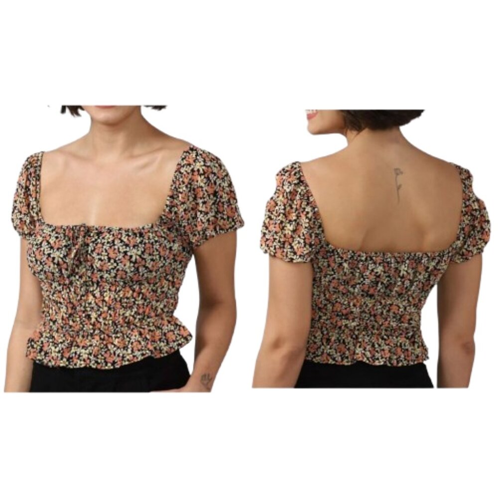 Forever 21 Multicolor Square Neck Crop Top Ditsy Floral Print Blouse